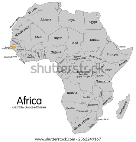 Editable vector map of Africa highlighting Guinea-Bissau. Perfect for educational, geographical, and travel-related projects.Guinea-Bissau vector map silhouette isolated on Africa map. Editable vector