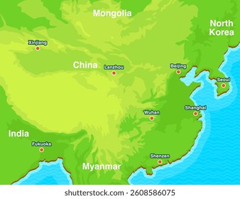 Editable vector map featuring China, North and South Korea, and Mongolia. Fully layered and customizable, ideal for educational materials, infographics, presentations, and design projects.