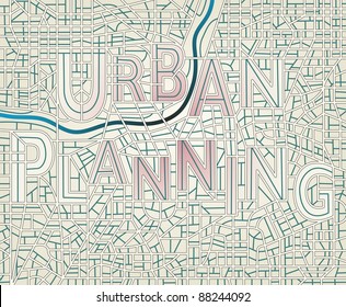 Editable vector map of a generic city with the streets spelling the words "Urban Planning", includes letter outlines for easy color change