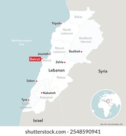 Bearbeitbare Vektorkarte von Gouvernements oder Verwaltungseinheiten im Libanon. Alle Objekte können aufgelöst werden oder befinden sich auf verschiedenen Ebenen, sodass die Bearbeitung schnell und einfach ist.