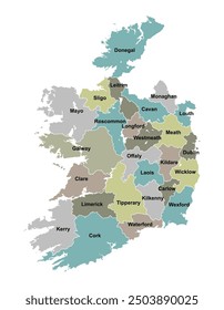 Mapa de Vector editable de Irlanda con límites regionales detallados, codificado por color por región, aislado sobre fondo blanco, formato EPS para imprimir.