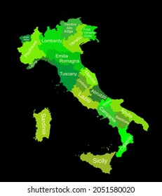 Editable vector map of Italy vector illustration isolated on black background. Autonomous communities of Italy. Detailed Italian regions administrative divisions, separated provinces. outline map.