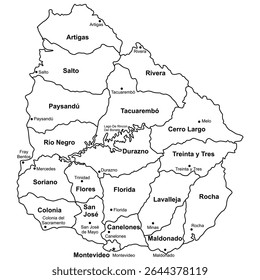 Mapa vetorial editável do Uruguai com regiões rotuladas preto e branco contorno isolado no fundo branco EPS ilustração para uso educacional