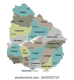 Mapa vetorial editável do Uruguai com fronteiras regionais e divisões administrativas multicoloridas isoladas sobre fundo branco no estilo de ilustração plana EPS