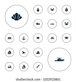 Editable vector marine icons: octopus, crab, sailboat, anchor, cargo ship, boat, shell, extinct sea creature, submarine, seal on white background.