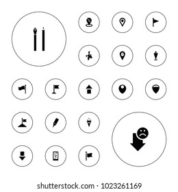 Editable vector marker icons: flag, sale location, pen, location, arrow up, arrow down, route and phone, highlighter on white background.