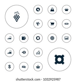 Editable vector market icons: grape, coin, shopping basket, shopping cart, fast food cart, pie chart, money growth, money tree on white background.