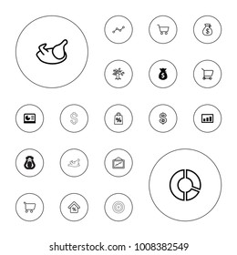 Editable vector market icons: graph, chart on display, money sack, chicken, coin, money sack, shopping cart, pie chart, money tree, shopping sale on white background.