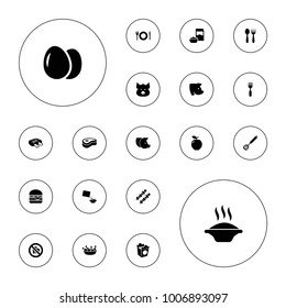 Editable vector meal icons: egg, apple, pig, soup, chicken leg, cheeseburger, take away food, fork, cereal, plate fork and spoon, kebab, meat, corolla on white background.