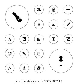 Editable vector measure icons: ruler, mannequin, saw, compass, hourglass, waist fitness, measure ruler on white background.