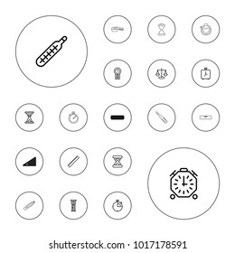 Editable vector measurement icons: ruler, scales, thermometer, hourglass, pendulum, alarm, stopwatch, triangle ruler, tweezers, level ruler on white background.