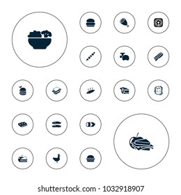 Editable vector meat icons: sausage, beef, burger, sandwich, pie, sandwich and apple, food, bacon, meat, meat grinder, chicken, burger with sausage, kebab on white background.