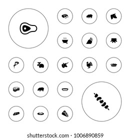Editable vector meat icons: udder, cow, pig, wrap sandwich, taco, pizza, pie, kebab, fried egg and bacon, meat, meat grinder, knife, barbeque, beef on white background.