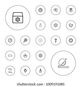 Editable vector mechanical icons: gear, wrench, saw blade, pliers, heart in gear, clock, robot, circular saw, hacksaw on white background.