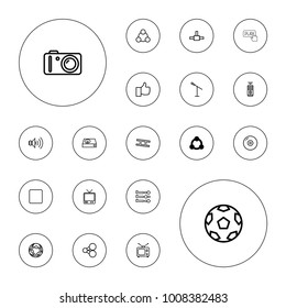 Editable vector media icons: connection, share, disc, movie tape, microphone, thumb up, tv, tv, dvd player, stop, network connection, slider, camera on white background.