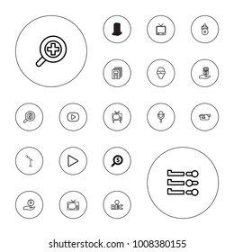 Editable vector media icons: search dollar, tv, man in smart glasses, newspaper, camera, rec, play, microphone, mp3 player on hand, cd fire, cd on hand on white background.