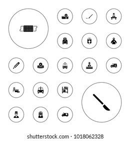 Editable vector medic icons: themometer, scalpel, nurse, ambulance, doctor, medical reflector, doctor with medical reflector, luggage storage, hospital on white background.
