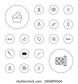 Editable vector medical icons: bed, medical cross, drop counter, tooth brush, nurse, dna, thermometer, x-ray on display, heartbeat search, doctor, stomach on white background.