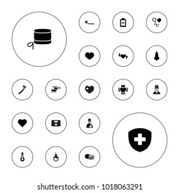 Editable vector medical icons: nose, toothbrush, heart, bandage, heartbeat clipboard, man with broken arm, doctor, medical helicopter, pill, temperature on white background.