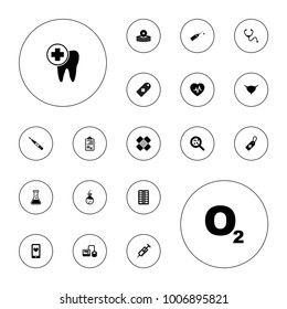 Editable vector medical icons: o2 oxygen, syringe, blod pressure tool, medical cross tag, pill, bacteria, bladder, test tube, dental care, bandage on white background.