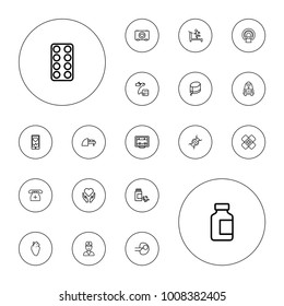 Editable vector medicine icons: treadmill, hand with heart, heartbeat, case with heart, pill, medical bottle, mri, heart organ, medicine on white background.