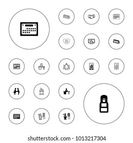 Editable vector meeting icons: office supply, man working at the table, businessman shaking hands, speaker, calendar, handshake, graph on display, meeting on white background.