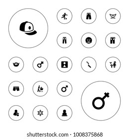 Editable vector men icons: female wc, man underwear, pants, baseball cap, mustache and glasses, emot with mustache, father with not in shopping cart, male on white background.