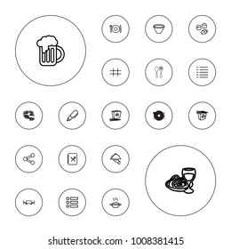 Editable vector menu icons: plate fork and spoon, soup, chinese fast food, pizza, pasta and wine glass, menu, share, beer mug, grid, dish serving on white background.