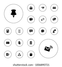 Editable vector message icons: chatting man, paper, chat, document, pin, love letter, exclamation, wavy phone, warning, glued note, room tag, mail on white background.