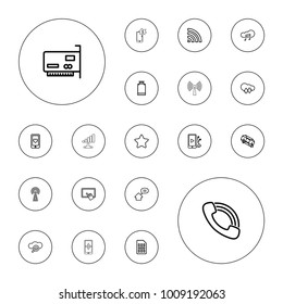 Editable vector mobile icons: canister, lottery, finger on tablet, cloud download upload, heart mobile, wi-fi, call, star, phone and earphones on white background.