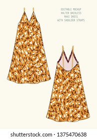 EDITABLE VECTOR MOCKUP FOR SHOWCASING FABRIC PATTERN DESIGN. TECHNICAL ILLUSTRATION OF DEEP V NECK BACKLESS MAXI DRESS WITH LEOPARD PRINT PATTERN AND CHAIN STRAPS.