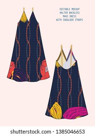EDITABLE VECTOR MOCKUP FOR SHOWCASING FABRIC PATTERN DESIGN. TECHNICAL ILLUSTRATION OF DEEP V NECK BACKLESS MAXI DRESS WITH FLORAL PRINT AND CHAIN STRAPS.