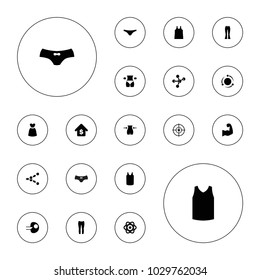 Editable vector model icons: slim, female underwear, singlet, woman pants, atom, core, dna, buying a house, muscular arm, dress on white background.