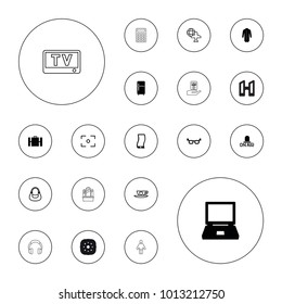 Editable vector modern icons: jacket, glasses, laptop, suitcase, bag, globe and plane, cup with heart, center focus, clean fridge, tv, bridge, gate on white background.