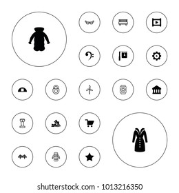 Editable vector modern icons: overcoat, bank, cargo barn, bridge, play, shopping cart, clock, airport tower, glasses, mill, heart lock, bench on white background.