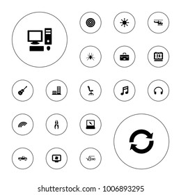 Editable vector modern icons: spider, nippers, note, atom on display, target, reload, building, headset, laptop, guitar, rainbow, helicopter, sun, pc on white background.