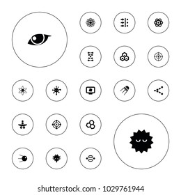Editable vector molecule icons: atom, chemical structure, bacteria, atom move, dna on white background.