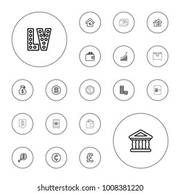 Editable vector money icons: money sack, vegas, coin, dolar growth, dollar search, pound, bank, mortgage, dollar coin, wallet, atm, safe, 1 casino chip on white background.