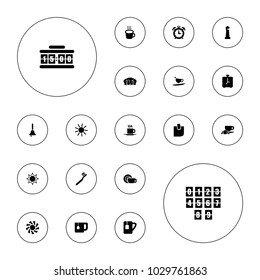 Editable vector morning icons: lighthouse, sun, toothbrush, tea cup, cup, glued note, bell, digital clock, alarm, dish, coffee and croissant on white background.