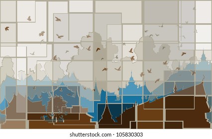 Editable vector mosaic design of birds over a generic east asian city