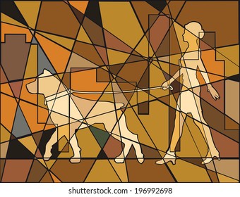 Editable vector mosaic illustration of a woman walking her dog