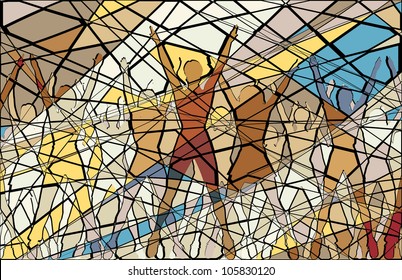 Editable vector mosaic illustration of women doing aerobic dance exercise together