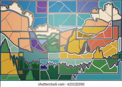 Editable vector mosaic illustration of the Yosemite valley in California
