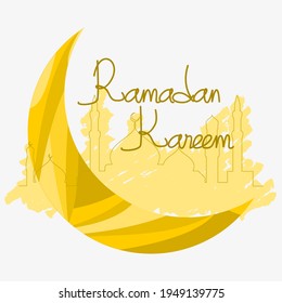 Editable Vector of Mosaic Style of Crescent Moon and Mosque Silhouette Line With Brush Strokes for Ramadan Kareem Illustration