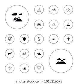 Editable vector mountain icons: man and flags  bicycle  skiing  flag mountain  mountain  goat  sun rise white background 