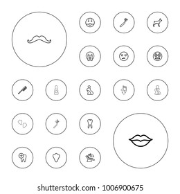 Editable vector mouth icons: animal fang, dog, cream tube, toothbrush, sweating emot, crying emoji, shocked emoji, surprised emot, tooth, love on white background.