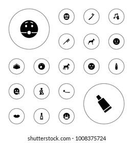 Editable vector mouth icons: dog, lipstick, lips, toothbrush, cream tube, yawn emot, sweating emot, emoji in mask, eating mouth, harmonica, shocked emoji on white background.