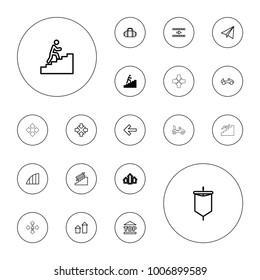 Editable vector move icons: man climbing stairs, arrow up, bike, paper airplane, move, stairs, arrow, top of cargo box, back, angle, sport bag, sail on white background.