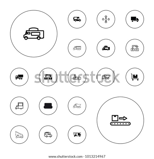 Editable vector moving icons: truck, van,\
object move, escalator, man move, luggage scan, truck with hook on\
white background.