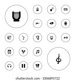 Editable vector music icons: note, speaker, guitar, microphone, harp, mp3 player, treble clef, pause, piano, favorite music, music cloud, disc on white background.